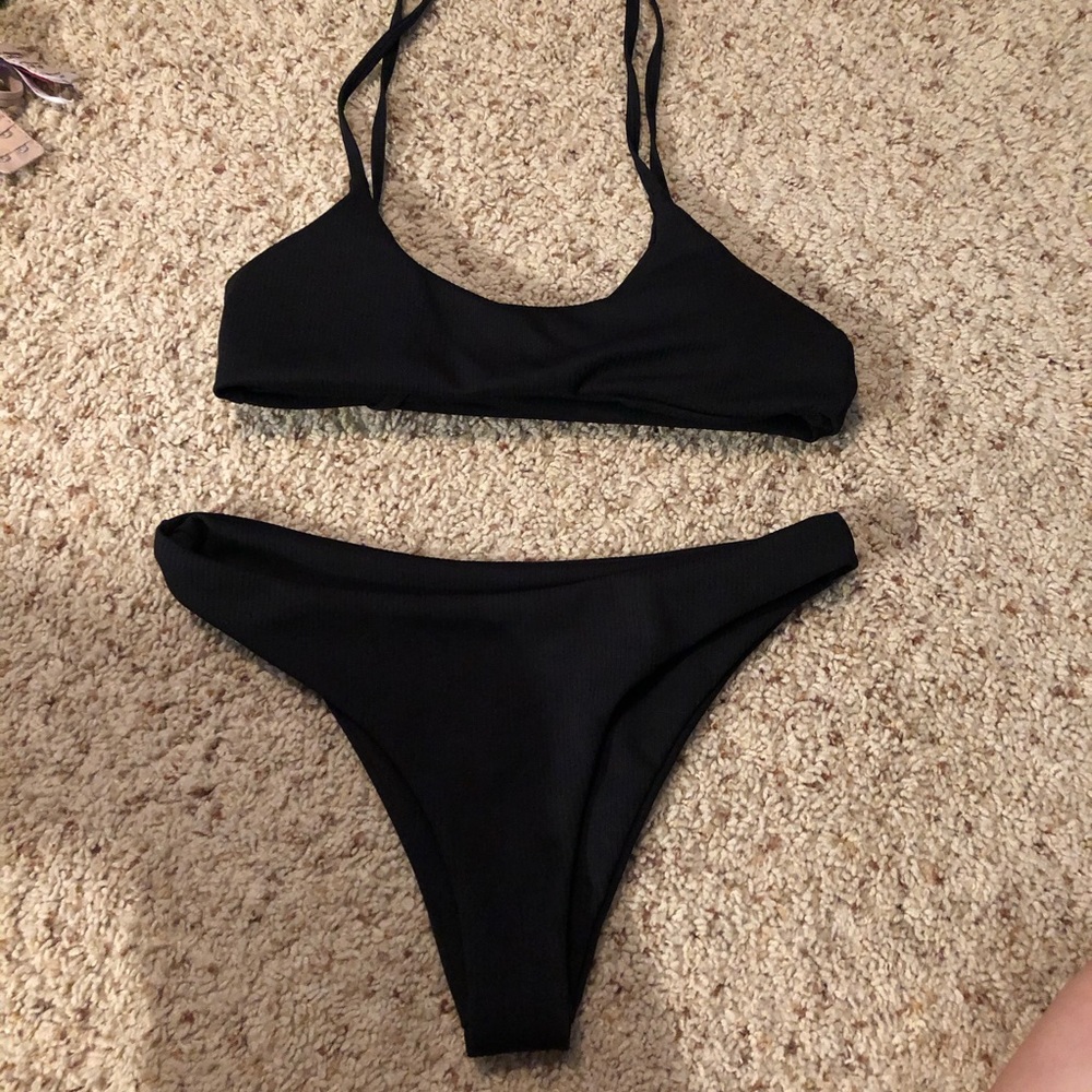 Womens black ribbed bikini